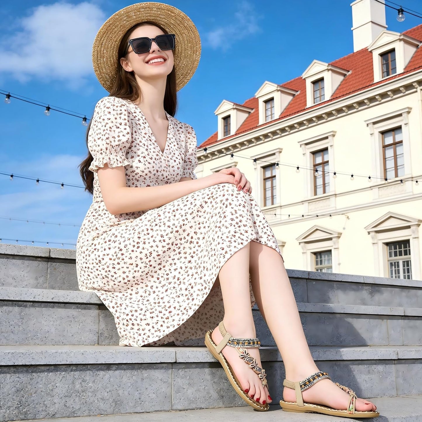 Womens Flats Sandals Summer Gladiator Bohemian Beaded Dress Shoes Comfortable Open Toe Elastic Ankle Strap Slip on Sandal
