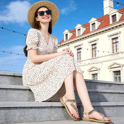 Womens Flats Sandals Summer Gladiator Bohemian Beaded Dress Shoes Comfortable Open Toe Elastic Ankle Strap Slip on Sandal